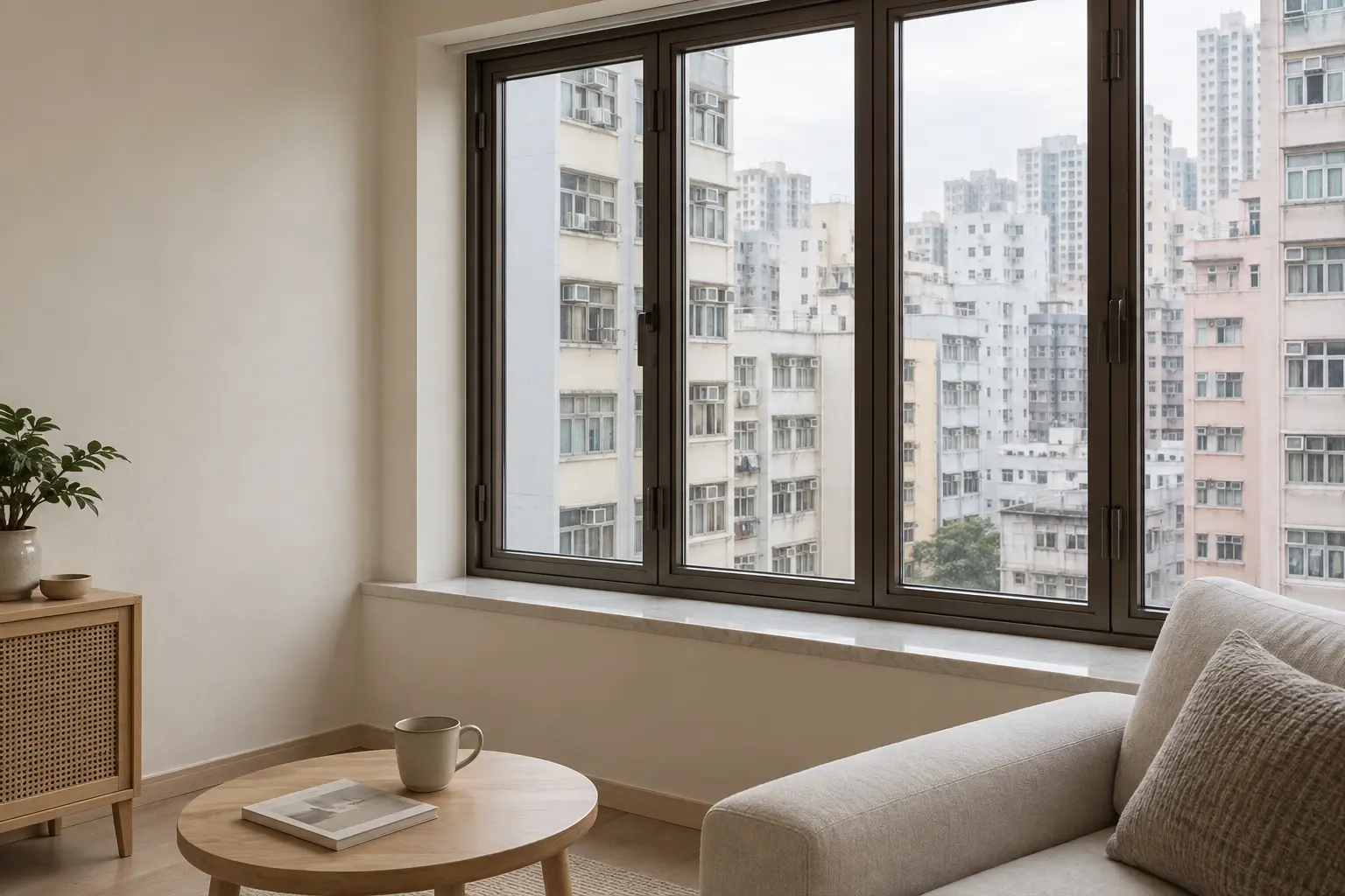 香港住宅風格窗邊及鄰近樓宇的 AI 生成示意圖